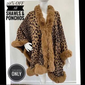 Elegant Women's - Leopard Pattern Faux Fur Poncho Cape - Brown